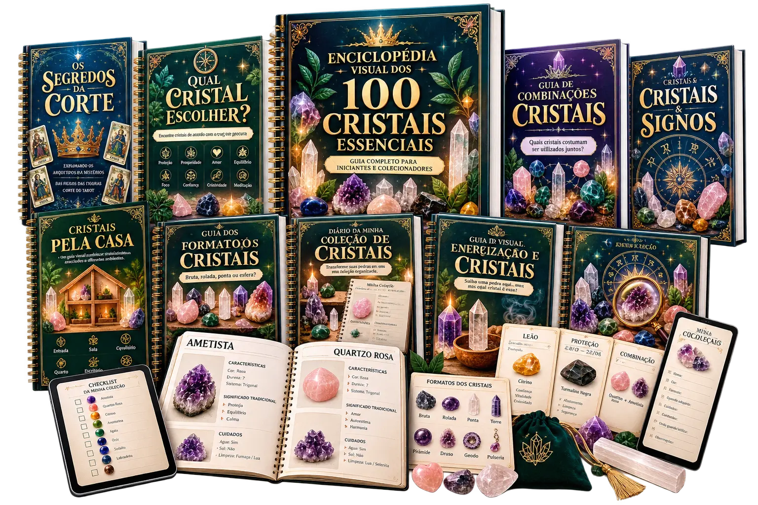 Biblioteca completa: Enciclopédia Visual dos 100 Cristais, guias complementares e bônus